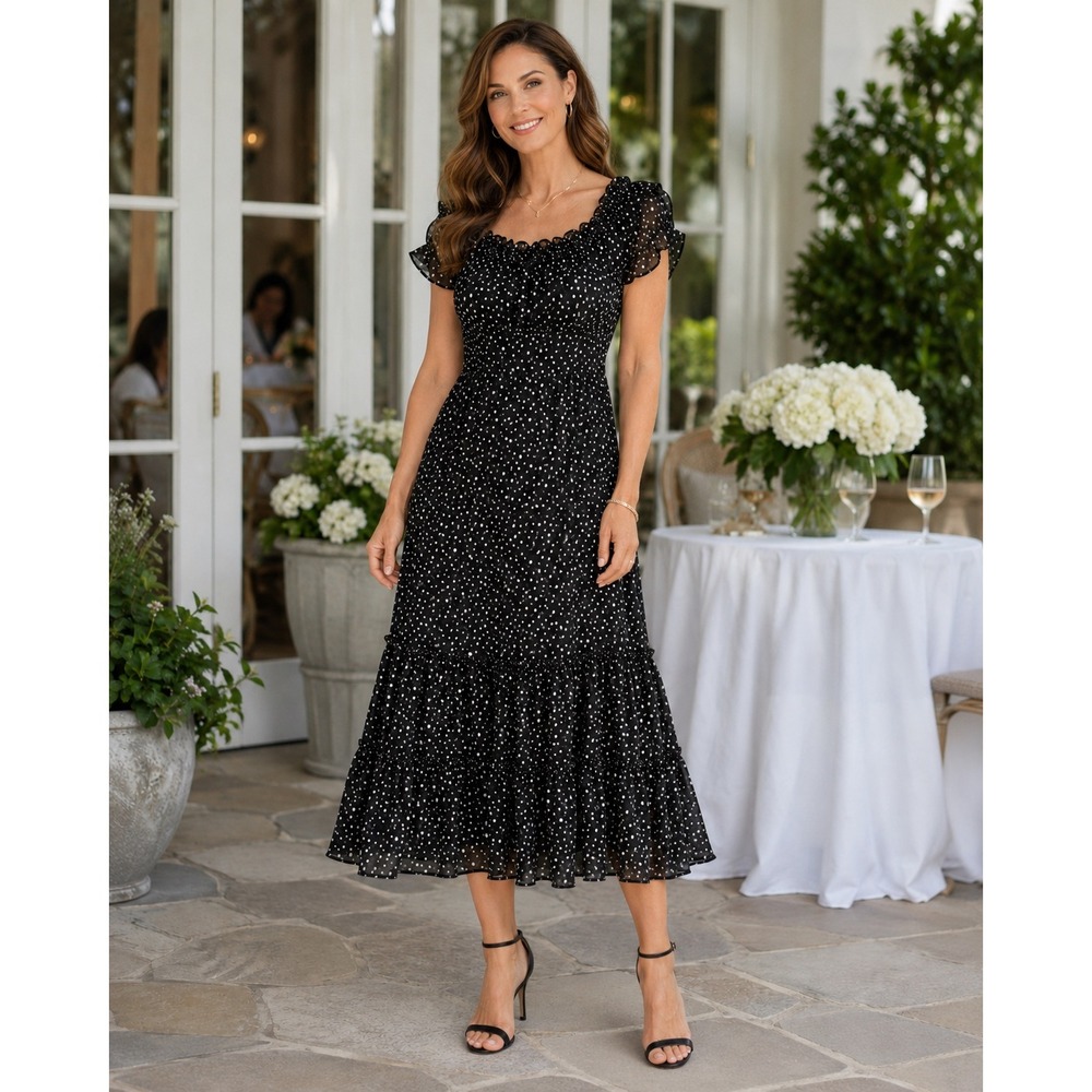 Jessica Howard Black White Polka Dot Ruffle Tiered Midi Dress Womens 14
